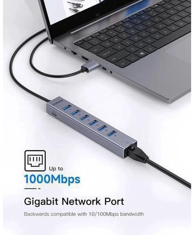 Alt view image 6 of 7 - 7 Ports USB3.0 Hub USB Ethernet HUB with 3.9ft Long Cable for Laptop USB Splitter with Gigabit Ethernet Port and 5V/3A Power Port MultiPort Aluminum Expander for Laptop iMac PC Flash Drives