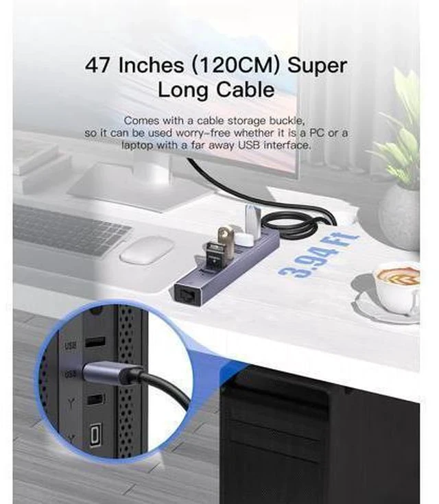 Alt view image 2 of 7 - 7 Ports USB3.0 Hub USB Ethernet HUB with 3.9ft Long Cable for Laptop USB Splitter with Gigabit Ethernet Port and 5V/3A Power Port MultiPort Aluminum Expander for Laptop iMac PC Flash Drives