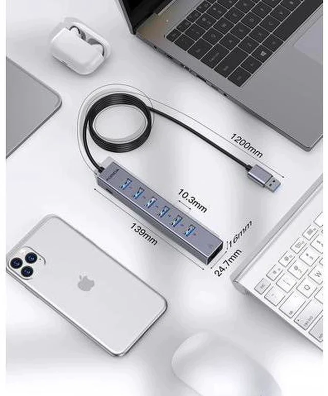 Alt view image 7 of 7 - 7 Ports USB3.0 Hub USB Ethernet HUB with 3.9ft Long Cable for Laptop USB Splitter with Gigabit Ethernet Port and 5V/3A Power Port MultiPort Aluminum Expander for Laptop iMac PC Flash Drives