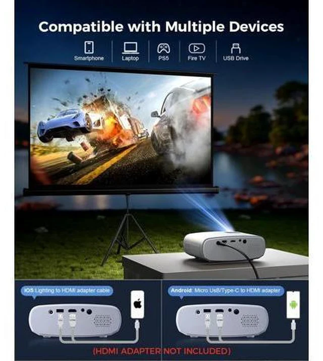Alt view image 5 of 7 - Mini Projector, ELEPHAS Portable Projector for iPhone, 7000L with Synchronize Smartphone Screen, Movie Projector with 1080P HD/200 Screen Support, Compatible with Android/iOS/TV Stick/HDMI/USB/SD
