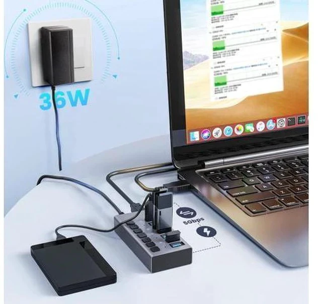Alt view image 3 of 7 - Powered USB Hub - ACASIS 7 Ports 36W USB 3.0 Data Hub - with Individual On/Off Switches and 12V/3A Power Adapter USB Hub 3.0 Splitter for Laptop, PC, Computer, Mobile HDD, Flash Drive and More