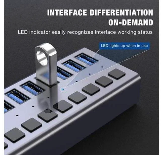 Alt view image 4 of 7 - Powered USB Hub - ACASIS 10 Ports 48W USB 3.0 Data Hub - with Individual On/Off Switches and 12V/4A Power Adapter USB Hub 3.0 Splitter for Laptop PC Computer Mobile HDD Flash Drive and More