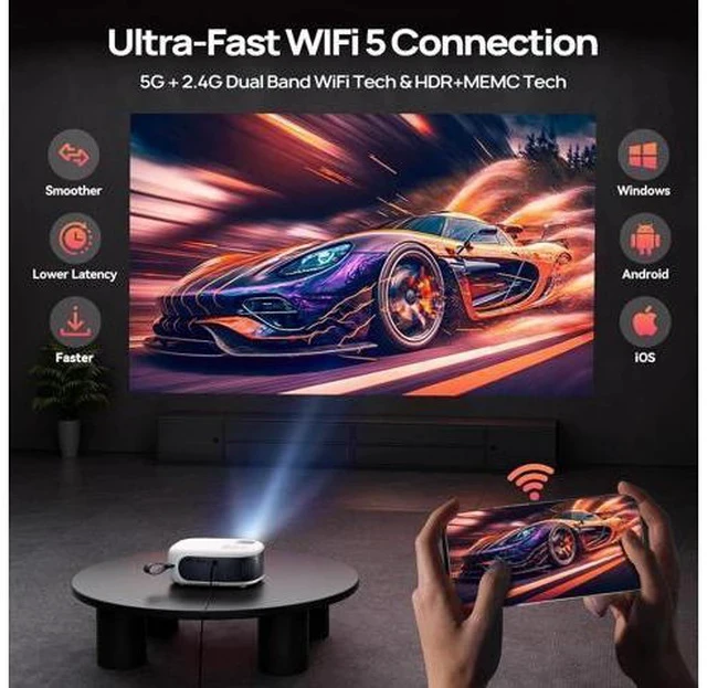 Alt view image 7 of 7 - Mini Projector with WiFi and Bluetooth, 1080P/4K Supported Movie Projector with 5G WiFi 6, USB-C Fast Charging | Portable Projector for Bedroom, Small Projector Wide Compatible, (Navy Blue)