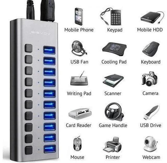 Alt view image 7 of 7 - Powered USB Hub - ACASIS 10 Ports 48W USB 3.0 Data Hub - with Individual On/Off Switches and 12V/4A Power Adapter USB Hub 3.0 Splitter for Laptop PC Computer Mobile HDD Flash Drive and More