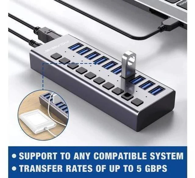 Alt view image 6 of 7 - Powered USB Hub - ACASIS 10 Ports 48W USB 3.0 Data Hub - with Individual On/Off Switches and 12V/4A Power Adapter USB Hub 3.0 Splitter for Laptop PC Computer Mobile HDD Flash Drive and More