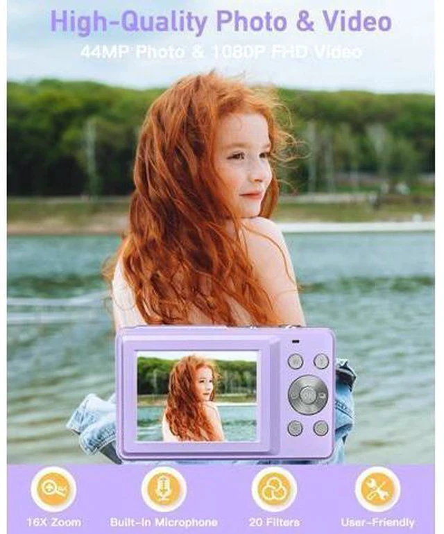 Alt view image 2 of 7 - AiTechny Digital Camera, FHD 1080P Kids Camera, 44MP Point and Shoot Cameras for Pictures with 32GB Card, 16X Zoom, Lanyard, Portable Travel Mini Camera for Kids Teens Beginner(Purple)