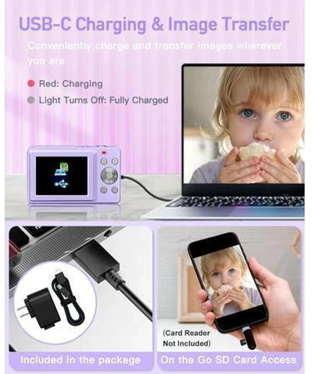 Alt view image 3 of 7 - AiTechny Digital Camera, FHD 1080P Kids Camera, 44MP Point and Shoot Cameras for Pictures with 32GB Card, 16X Zoom, Lanyard, Portable Travel Mini Camera for Kids Teens Beginner(Purple)