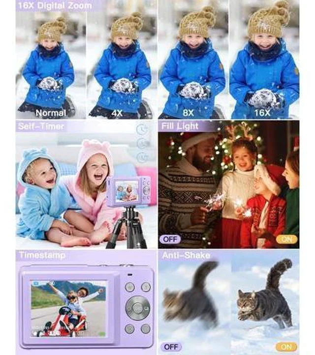 Alt view image 4 of 7 - AiTechny Digital Camera, FHD 1080P Kids Camera, 44MP Point and Shoot Cameras for Pictures with 32GB Card, 16X Zoom, Lanyard, Portable Travel Mini Camera for Kids Teens Beginner(Purple)