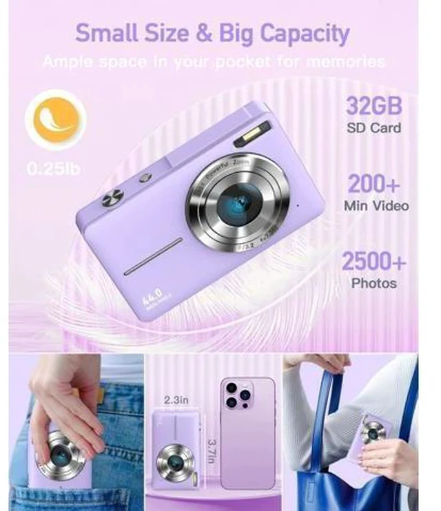 Alt view image 5 of 7 - AiTechny Digital Camera, FHD 1080P Kids Camera, 44MP Point and Shoot Cameras for Pictures with 32GB Card, 16X Zoom, Lanyard, Portable Travel Mini Camera for Kids Teens Beginner(Purple)