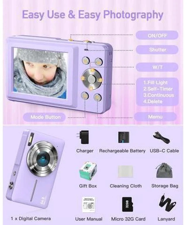 Alt view image 7 of 7 - AiTechny Digital Camera, FHD 1080P Kids Camera, 44MP Point and Shoot Cameras for Pictures with 32GB Card, 16X Zoom, Lanyard, Portable Travel Mini Camera for Kids Teens Beginner(Purple)