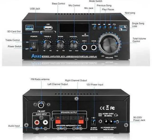 Alt view image 2 of 7 - Home Audio Power Amplifier with Bluetooth, 100Wx2 Audio Stereo Receiver, Dmyond Home Amplifiers w/FM Radio USB, AUX, RCA, SD for Home Theater Speakers Audio Stereo, Studio