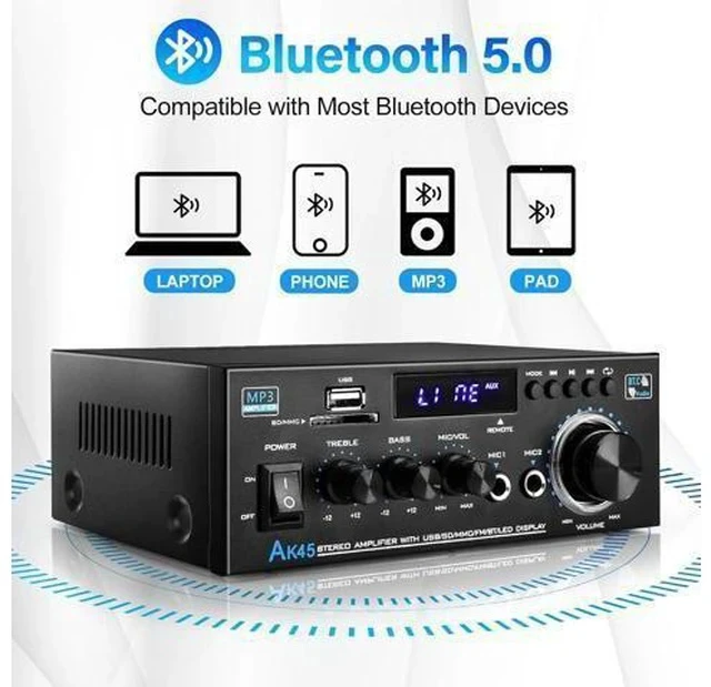 Alt view image 3 of 7 - Home Audio Power Amplifier with Bluetooth, 100Wx2 Audio Stereo Receiver, Dmyond Home Amplifiers w/FM Radio USB, AUX, RCA, SD for Home Theater Speakers Audio Stereo, Studio