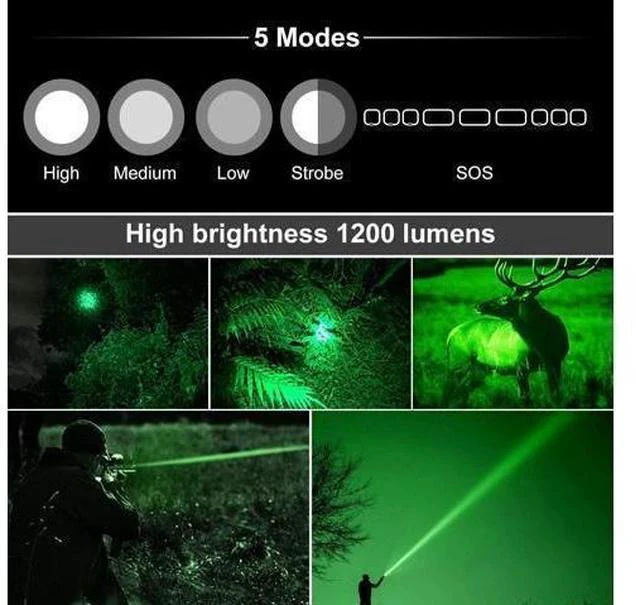 Alt view image 2 of 6 - Green Light Flashlight, Rechargeable LED Green Light Tactical Flashlight with Pressure Switch, 5 Modes & Zoomable Deer Hunting Light, IPX4 waterproof Hog Lights for Night Hunting Coyote Varmint