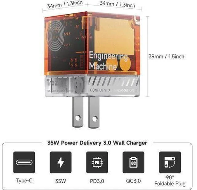 Alt view image 2 of 7 - 35W USB-C Fast Power Adapter - Infinity Stones GaN Charger Plug Block Charging Box Brick, Wall Charger for iPhone 15/15 Plus/15 Pro/15 Pro Max, 14/13/12 Series, Galaxy, Pixel 4/3, iPad (Orange)