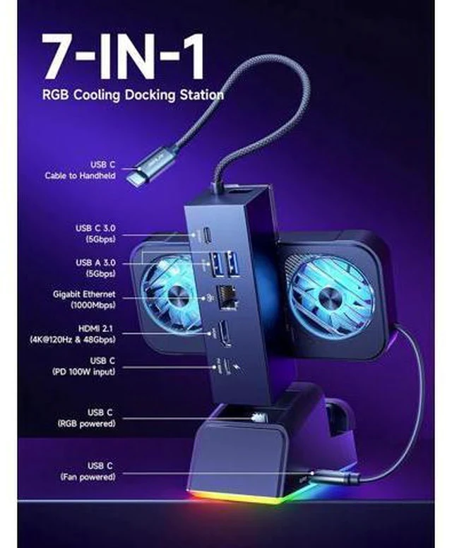 Alt view image 4 of 7 - Docking Station for ROG Ally X/ROG Ally/Steam Deck/Legion Go, 7-in-1 ROG Ally X Dock with RGB Cooling Fan, HDMI 4K@120Hz, Gigabit Ethernet, Dual USB & USB C 3.0, 100W PD Charging - HB0705
