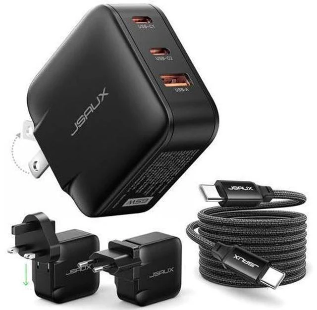 Main image of 65W GaN II USB C Wall Charger, 3-Port Fast Charger Block with Foldable Plug, 6.6FT USB C Cable, UK/EU Travel Plugs for MacBook, iPhone, Galaxy, Steam Deck, Switch 2
