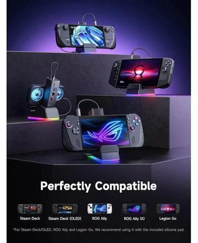 Alt view image 5 of 7 - Docking Station for ROG Ally X/ROG Ally/Steam Deck/Legion Go, 7-in-1 ROG Ally X Dock with RGB Cooling Fan, HDMI 4K@120Hz, Gigabit Ethernet, Dual USB & USB C 3.0, 100W PD Charging - HB0705
