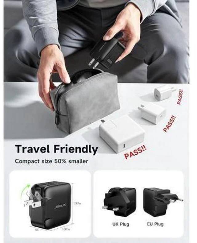 Alt view image 6 of 7 - 65W GaN II USB C Wall Charger, 3-Port Fast Charger Block with Foldable Plug, 6.6FT USB C Cable, UK/EU Travel Plugs for MacBook, iPhone, Galaxy, Steam Deck, Switch 2