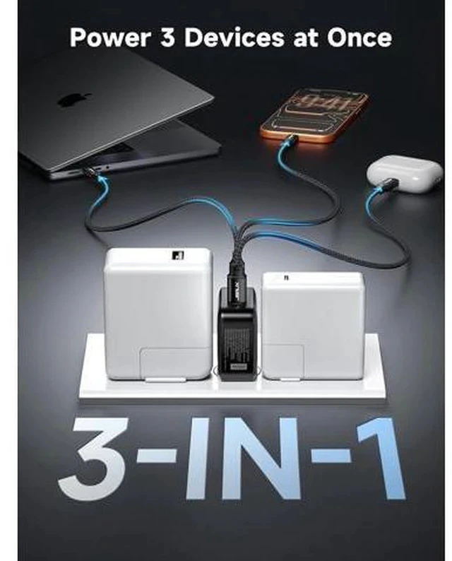 Alt view image 4 of 7 - 65W GaN II USB C Wall Charger, 3-Port Fast Charger Block with Foldable Plug, 6.6FT USB C Cable, UK/EU Travel Plugs for MacBook, iPhone, Galaxy, Steam Deck, Switch 2