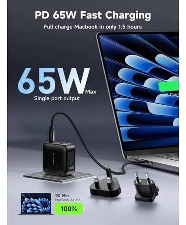 Alt view image 3 of 7 - 65W GaN II USB C Wall Charger, 3-Port Fast Charger Block with Foldable Plug, 6.6FT USB C Cable, UK/EU Travel Plugs for MacBook, iPhone, Galaxy, Steam Deck, Switch 2