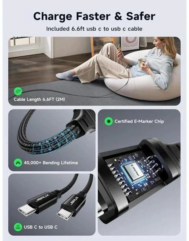 Alt view image 5 of 7 - 65W GaN II USB C Wall Charger, 3-Port Fast Charger Block with Foldable Plug, 6.6FT USB C Cable, UK/EU Travel Plugs for MacBook, iPhone, Galaxy, Steam Deck, Switch 2