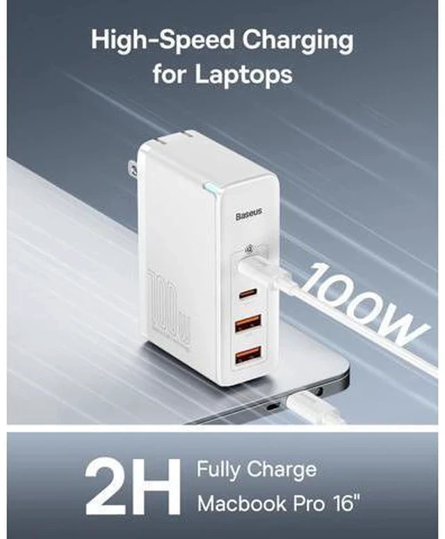 Alt view image 2 of 7 - USB C Charger, Baseus 100W 4-Port GaN II Wall Charger, Fast USB C Tablets Charger Block for iPhone 15/14/13/12/11/, Galaxy, MacBook Pro/Air, iPad, Laptops, AirPods, Apple Watch, White