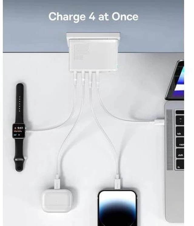Alt view image 3 of 7 - USB C Charger, Baseus 100W 4-Port GaN II Wall Charger, Fast USB C Tablets Charger Block for iPhone 15/14/13/12/11/, Galaxy, MacBook Pro/Air, iPad, Laptops, AirPods, Apple Watch, White