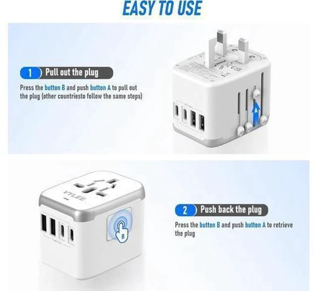 Alt view image 4 of 7 - Universal International Power Travel Plug Adapter, 5 in 1 European Travel Plug Adapter W/ 3.5A 2xUSB-A and 2xUSB C Wall Charger and Worldwide AC Outlet for Europe USA UK AUS Asia (White Grey)