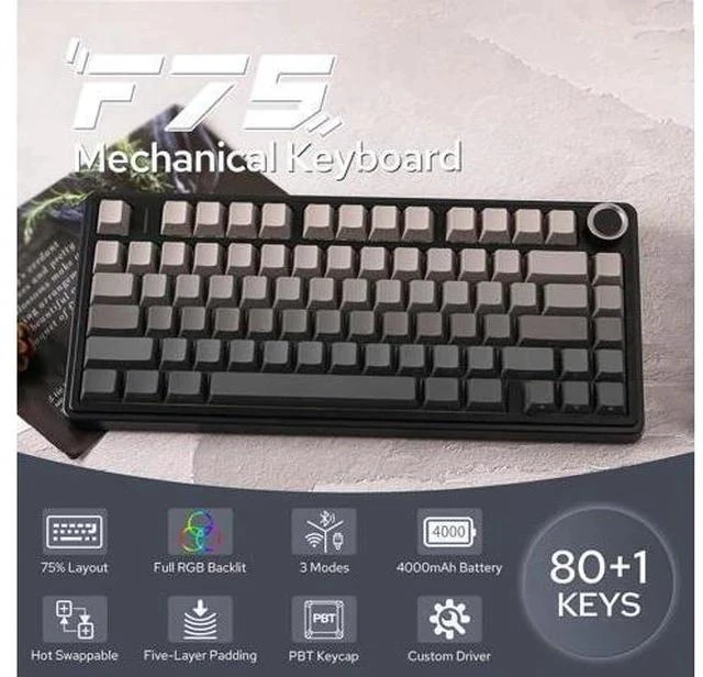 Main image of Aula F75 Gasket Mechanical Keyboard, 75% Wireless Hot Swappable Gaming Keyboard with Five-Layer Padding&Knob, Bluetooth/2.4GHz/USB-C, RGB (Black Gradient, LEOBOG Reaper Switch)