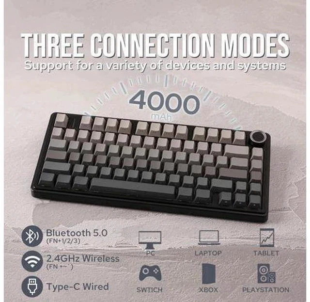 Alt view image 2 of 6 - Aula F75 Gasket Mechanical Keyboard, 75% Wireless Hot Swappable Gaming Keyboard with Five-Layer Padding&Knob, Bluetooth/2.4GHz/USB-C, RGB (Black Gradient, LEOBOG Reaper Switch)