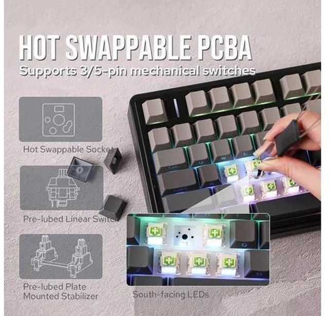 Alt view image 3 of 6 - Aula F75 Gasket Mechanical Keyboard, 75% Wireless Hot Swappable Gaming Keyboard with Five-Layer Padding&Knob, Bluetooth/2.4GHz/USB-C, RGB (Black Gradient, LEOBOG Reaper Switch)