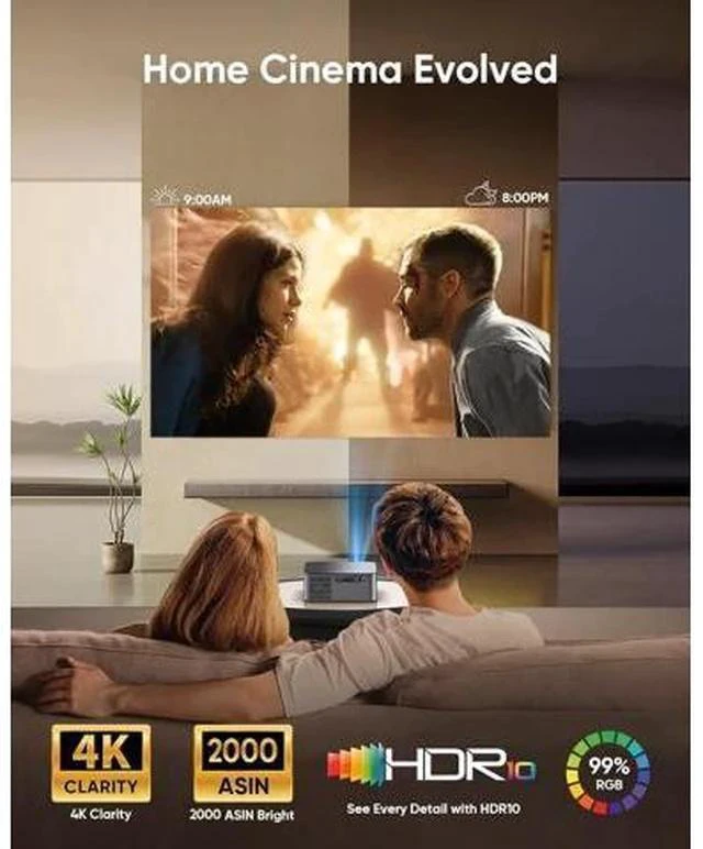 Alt view image 2 of 7 - 4K Outdoor Projector Compatible with Netflix|2000 ANSI|AI Auto Focus|Lens Cap, Smart Movie Projector with Wifi and Bluetooth, 20W Dolby Audio, Dust-Proof Sealed, HDR 10 Proyector with 120" Screen