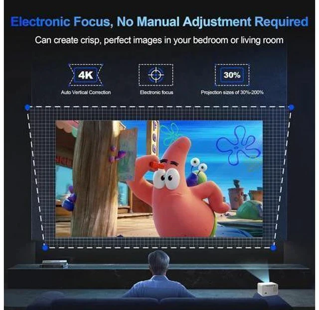 Alt view image 2 of 7 - Mini Projector Support 4K with WiFi and Bluetooth, Built-in APPS & Electric Focus, 300 ANSI & Auto Keystone Portable Projector, 200" Screen Compatible with iPhone/Laptop/TV Stick for Bedroom Outdoor