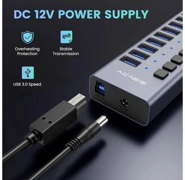 Alt view image 4 of 7 - Powered USB Hub - ACASIS 16 Ports 90W USB 3.0 Data Port, Aluminum Housing, Individual On/Off Switches, 12V/7.5A Power Adapter, 5Gbps High Speed, USB Splitter for Laptop, PC, Computer, Printer