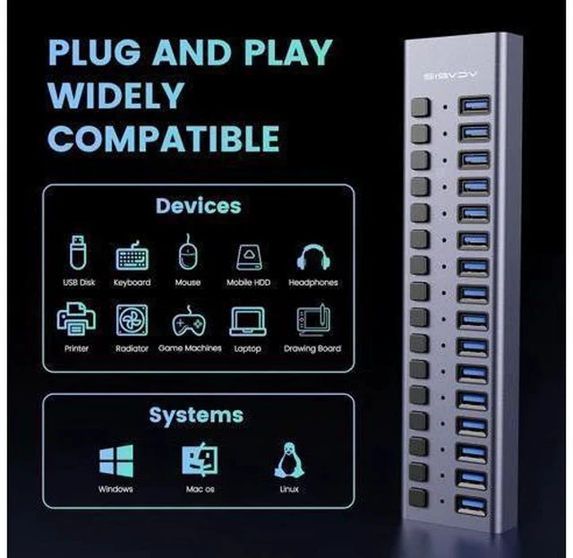Alt view image 5 of 7 - Powered USB Hub - ACASIS 16 Ports 90W USB 3.0 Data Port, Aluminum Housing, Individual On/Off Switches, 12V/7.5A Power Adapter, 5Gbps High Speed, USB Splitter for Laptop, PC, Computer, Printer