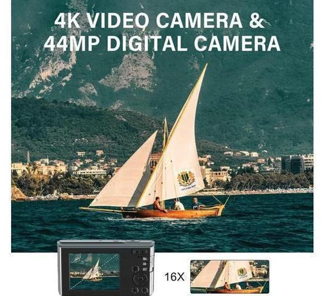 Alt view image 2 of 7 - Digital Camera Cheap, UIKICON 4K 44MP Kids Camera with 32GB SD Card, 2.4 Inch Point and Shoot Camera with 16X Digital Zoom, Compact Camera for Kids Teens Boys Girls Adults Seniors(X3-Black1)