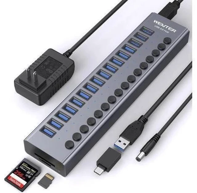 Main image of Powered USB Hub - WENTER 16 Ports USB 3.0 Hub, 5 Gbps Data Port, Aluminum Housing, Individual On/Off Switches, 12V/3A Power Adapter, Multiport Powered USB 3.0 Hub for PC, Laptop, Computer, Mobile HDD