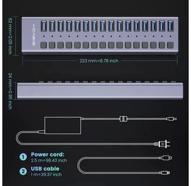 Alt view image 6 of 7 - Powered USB Hub - ACASIS 16 Ports 90W USB 3.0 Data Port, Aluminum Housing, Individual On/Off Switches, 12V/7.5A Power Adapter, 5Gbps High Speed, USB Splitter for Laptop, PC, Computer, Printer