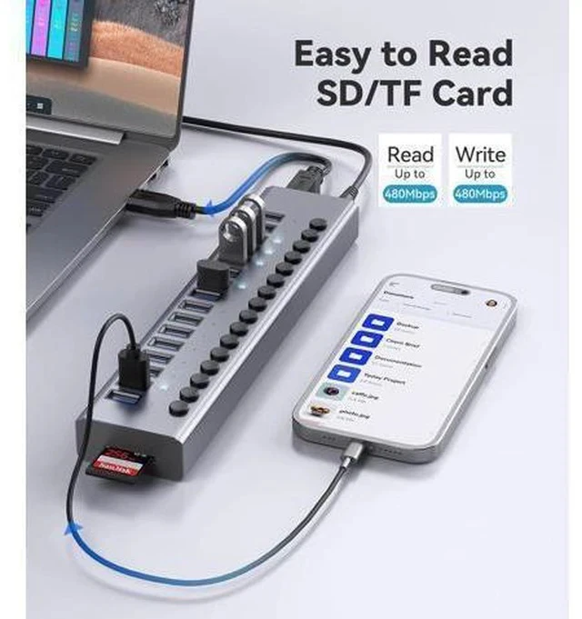 Alt view image 4 of 7 - Powered USB Hub - WENTER 16 Ports USB 3.0 Hub, 5 Gbps Data Port, Aluminum Housing, Individual On/Off Switches, 12V/3A Power Adapter, Multiport Powered USB 3.0 Hub for PC, Laptop, Computer, Mobile HDD