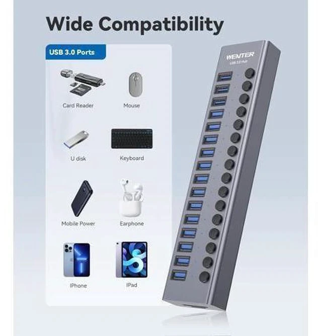 Alt view image 6 of 7 - Powered USB Hub - WENTER 16 Ports USB 3.0 Hub, 5 Gbps Data Port, Aluminum Housing, Individual On/Off Switches, 12V/3A Power Adapter, Multiport Powered USB 3.0 Hub for PC, Laptop, Computer, Mobile HDD