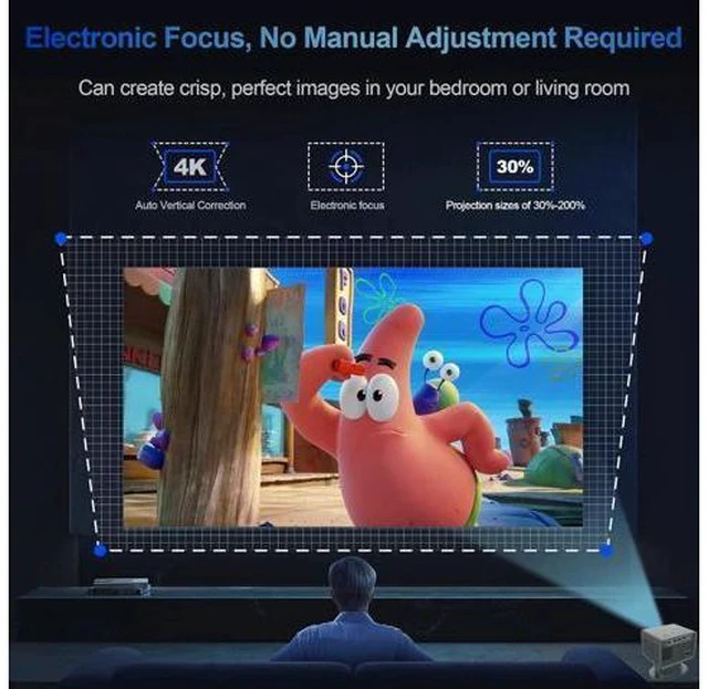 Alt view image 3 of 7 - Mini Projector Support 4K with WiFi and Bluetooth, Built-in APPS & Electric Focus, 300 ANSI & Auto Keystone Portable Projector, 200" Screen Compatible with iPhone/Laptop/TV Stick for Bedroom Outdoor