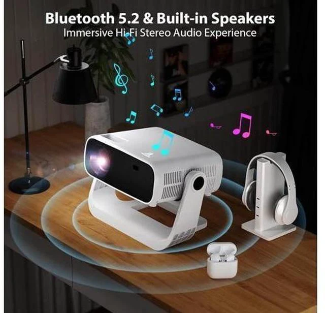 Alt view image 2 of 7 - Smart Projector with WiFi 6 and Bluetooth - 4K Support 350Ansi Portable Bedroom Mini Projector Native 1080P , 2026 New Auto Keystone & Zoom Home Theater Cinema Movie Proyector, 120° Stand