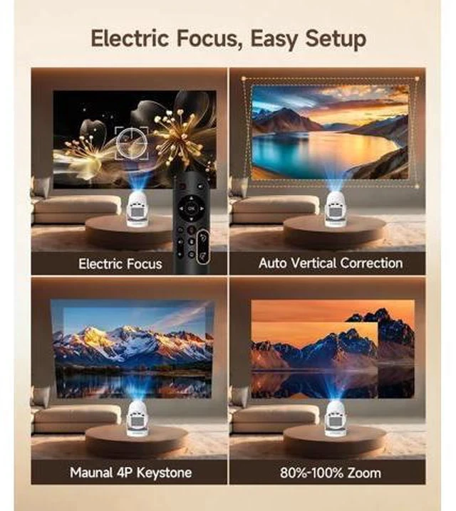 Alt view image 5 of 7 - ini Projector with WiFi 6 and Bluetooth 5.4, Portable Projector 4K Support, 5W Soundbase Speaker, Auto Vertical Keystone 180°Rotatable Smart Proyector for Movie Home Outdoor Electric Focus White