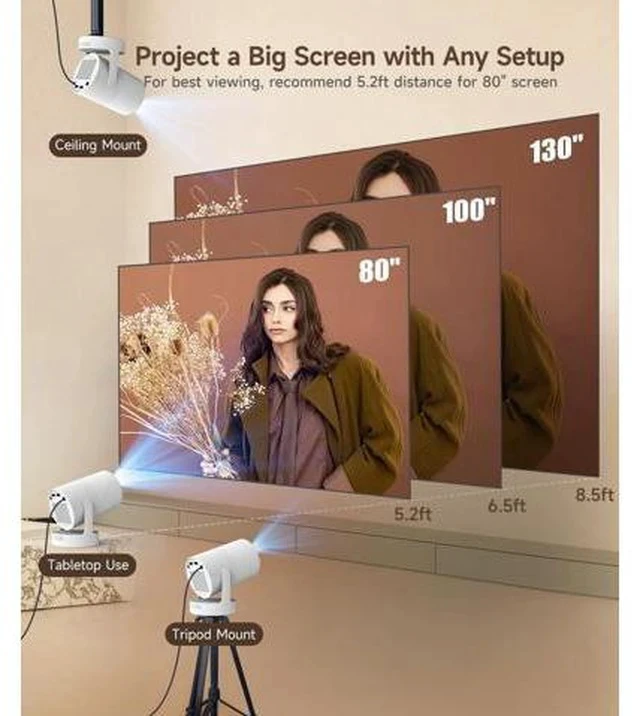 Alt view image 6 of 7 - ini Projector with WiFi 6 and Bluetooth 5.4, Portable Projector 4K Support, 5W Soundbase Speaker, Auto Vertical Keystone 180°Rotatable Smart Proyector for Movie Home Outdoor Electric Focus White