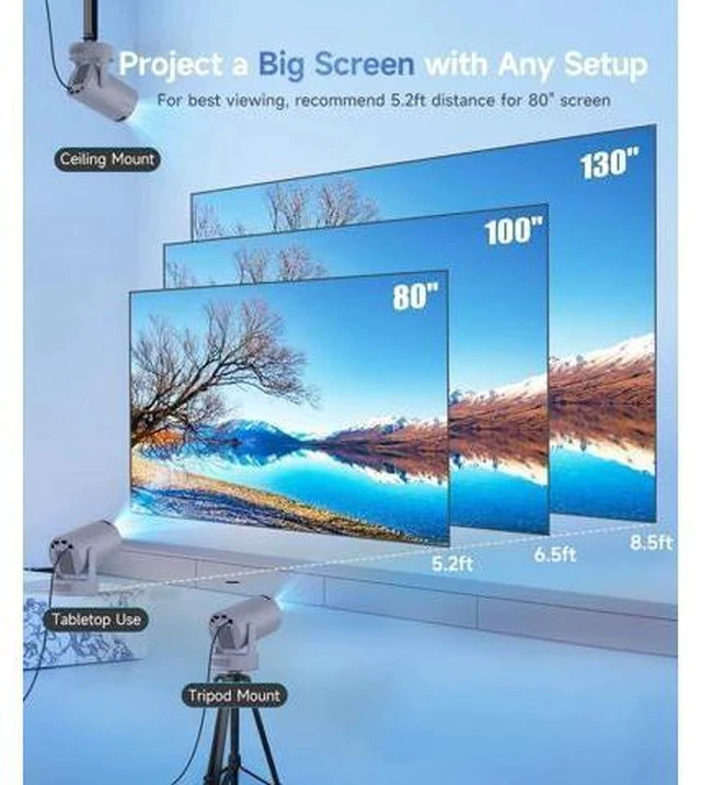 Alt view image 4 of 7 - ini Projector with WiFi 6 and Bluetooth 5.4, Portable Projector 4K Support, 5W Soundbase Speaker, Auto Vertical Keystone 180°Rotatable Smart Proyector for Movie Home Outdoor Manual Focus Grey