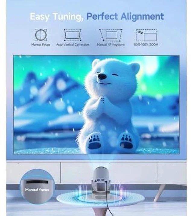 Alt view image 3 of 7 - ini Projector with WiFi 6 and Bluetooth 5.4, Portable Projector 4K Support, 5W Soundbase Speaker, Auto Vertical Keystone 180°Rotatable Smart Proyector for Movie Home Outdoor Manual Focus Grey