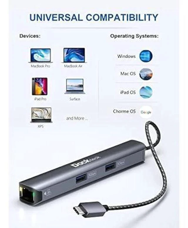 Alt view image 5 of 6 - USB C Hub Ethernet,6 in 1 Laptop Docking Station, Dockteck USB C Multiport Adapter with 4K@60Hz HDMI, 100W PD, 1Gbps LAN, 2 USB 3.0 for MacBook Pro/Air, Surface Pro, XPS and More
