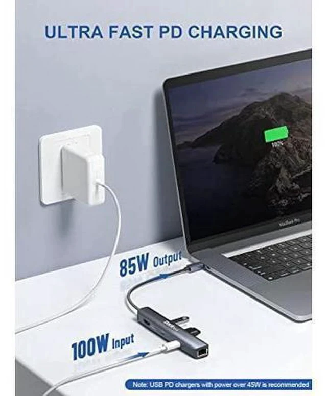 Alt view image 4 of 6 - USB C Hub Ethernet,6 in 1 Laptop Docking Station, Dockteck USB C Multiport Adapter with 4K@60Hz HDMI, 100W PD, 1Gbps LAN, 2 USB 3.0 for MacBook Pro/Air, Surface Pro, XPS and More