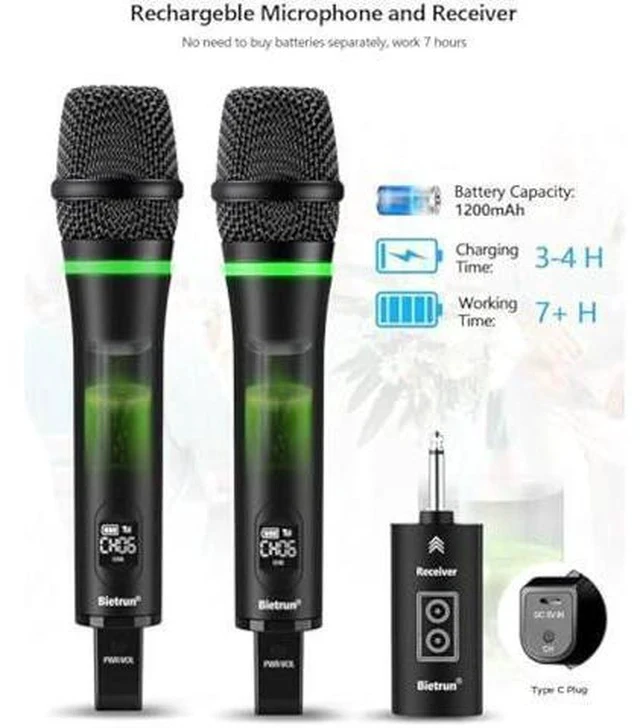 Alt view image 3 of 5 - Bietrun Rechargeable Wireless Microphone, Dual Metal Cordless Handheld Dynamic Wireless Mics with 1/4'' Output for Karaoke, Meeting, Singing, Church, Wedding(UHF 240ft Range)(Receiver with Bluetooth)