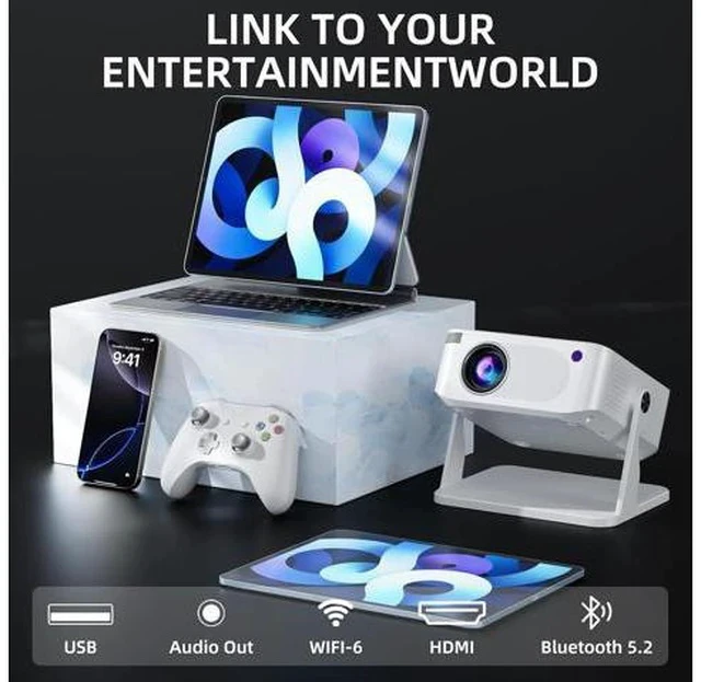 Alt view image 2 of 7 - Mini Projector with WiFi 6 and Bluetooth 5.2, Portable Projector 4K Support, Auto Vertical Keystone 270° Rotatable, Compatible with Smartphone/TV Stick/Box/USB/HDMI